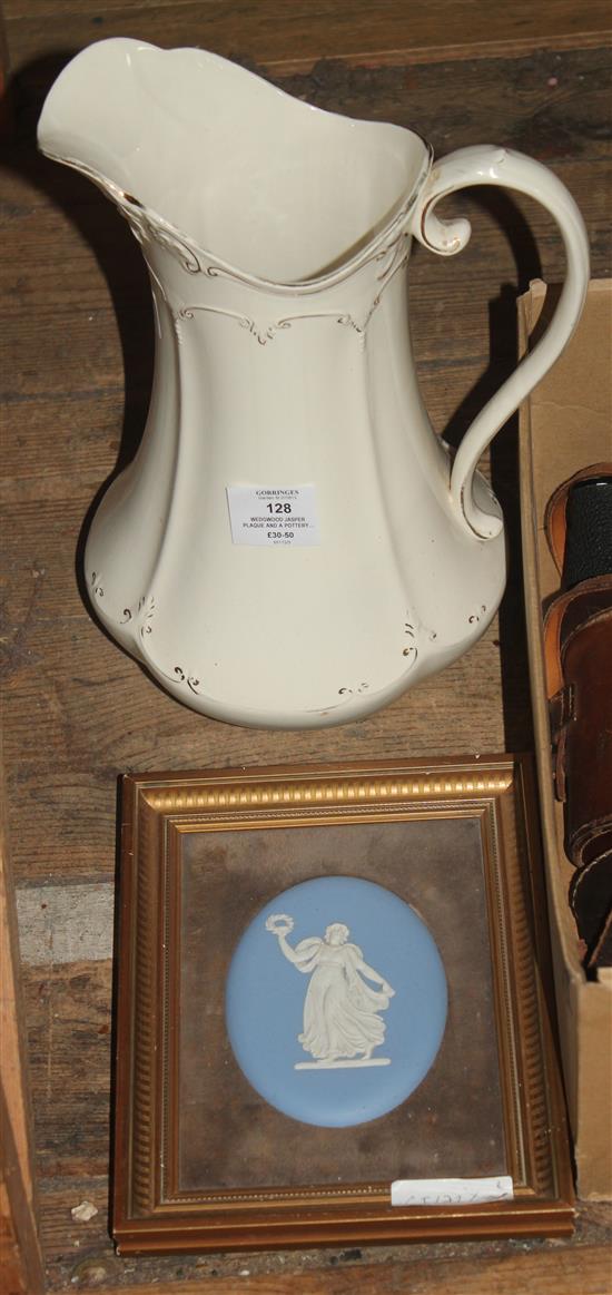 Wedgwood jasper plaque and a pottery ewer(-)